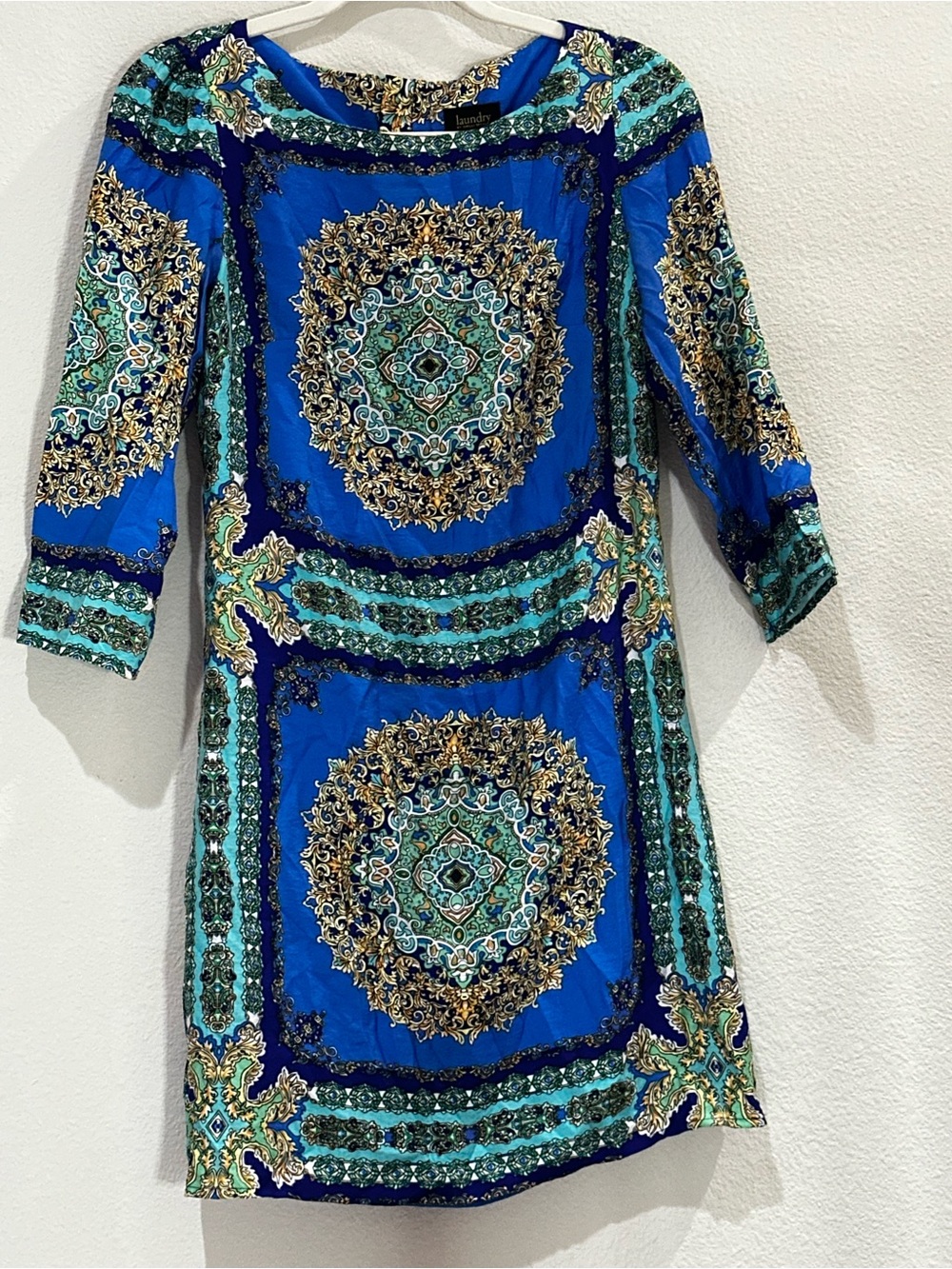 Blue Patterned Medallion Shift Dress / Laundry by Shelli Segal - Picture 3 of 8